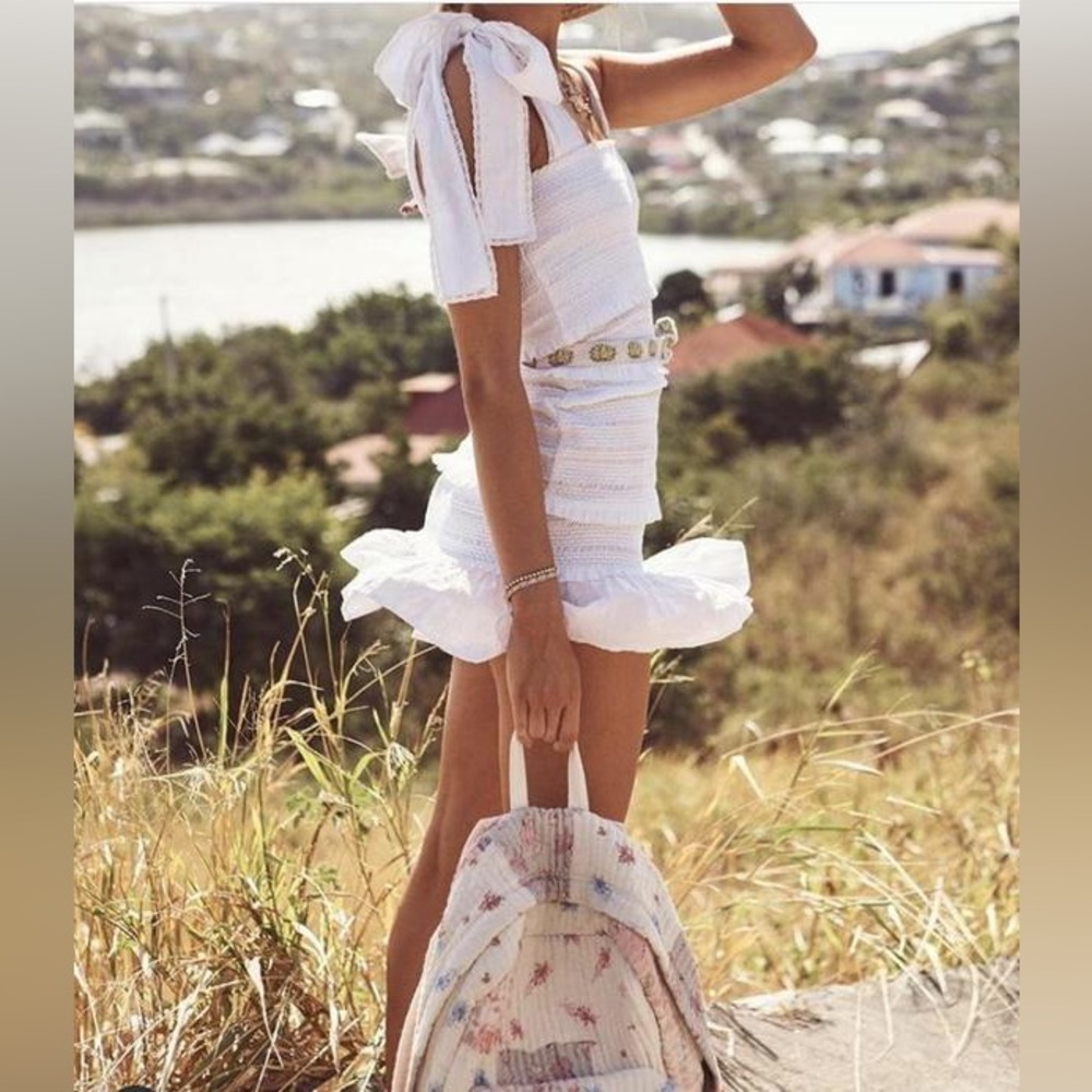 LoveShackFancy White Smocked Mini Dress with Tie Straps